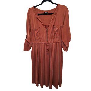 Torrid Rust Brown Midi Dress Zipper Front Drawstring Waist & Rolled Sleeves Size
